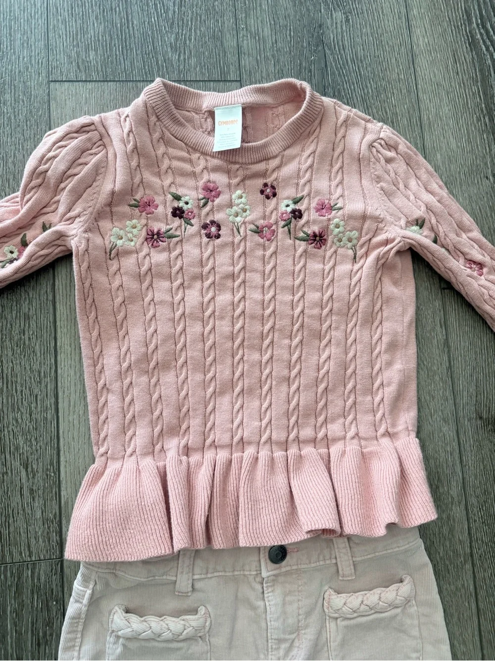Gymboree Pink Cable Knit Sweater with Floral Embroidery